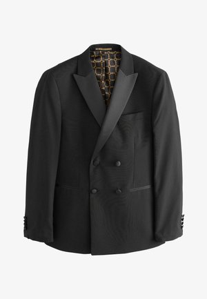 Sacou negru cu două rânduri de nasturi, rever din satin, buzunare frontale și nasturi decorativi. Interiorul este captusit cu un model geometric auriu.