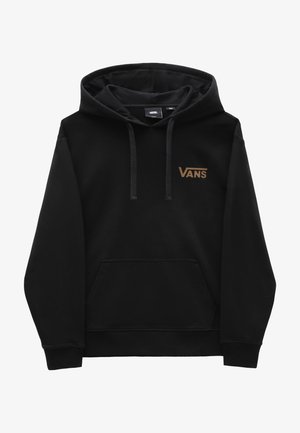 Musta huppari pehmeästä kankaasta, jossa on etupuolella kengurupussi ja pronssinvärinen Vans-logo vasemmassa rinnassa.