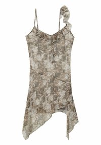 Robe asymétrique en brun sourd et beige, dotée d'un col à volants et d'une bretelle unique, fabriquée dans un tissu léger et texturé.