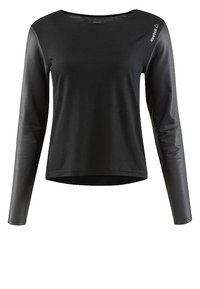 Svart långärmad topp med rund halsringning, med en smidig tygkropp och glänsande ärmar. Reebok-logotyp i vitt på axeln.