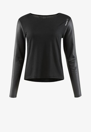 Zwarte lange mouwen top met een ronde halslijn, voorzien van een soepel stoffen lichaam en glanzende mouwen. Reebok-logo in het wit op de schouder.