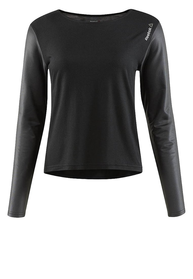 Svart långärmad topp med rund halsringning, med en smidig tygkropp och glänsande ärmar. Reebok-logotyp i vitt på axeln.