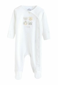 Biele detské body s dlhými rukávmi a uzavretými chodidlami. Má aplikácie zvierat v pastelových farbách a zapínanie na patentky na boku.