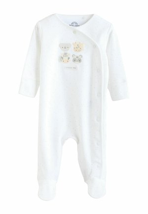 Bílé kojenecké body s dlouhými rukávy a zakrytými chodidly. Ozdobené aplikacemi zvířat v pastelových barvách a s patentkami podél boku.