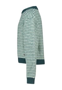 Maglione lavorato a maglia a righe turchese e bianche. Caratterizzato da un colletto e polsini a coste, con una vestibilità morbida e una texture soffice.