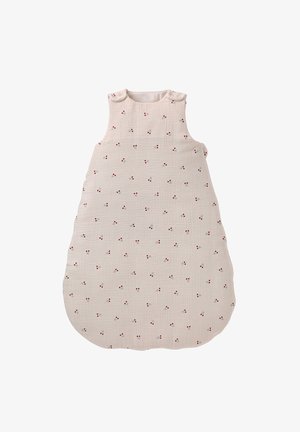Baumwoll-Schlafsack in Creme mit kleinem roten Blumenmuster. Verfügt über zwei Schulterdruckknöpfe und eine gewellte Unterkante. Strukturierter, atmungsaktiver Stoff.