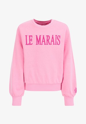 Pinkfarbener Sweatshirt mit Rundhalsausschnitt und "LE MARAIS" in fetten pinkfarbenen Buchstaben über der Brust sowie einer kleinen bestickten Blume am linken Ärmelbündchen.