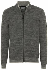 Harmaa vetoketjulla varustettu neulepaita, jossa on ribbineuloskaulus, teksturoitu neulekuvio ja yksivärinen kangas. Varustettu mustalla vetoketjulla ja hillityllä merkinnällä hihaosassa.