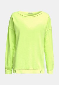 Sudadera verde neón de corte relajado, con cuello redondo, hombros caídos y puños acanalados; presenta aberturas laterales en el dobladillo.