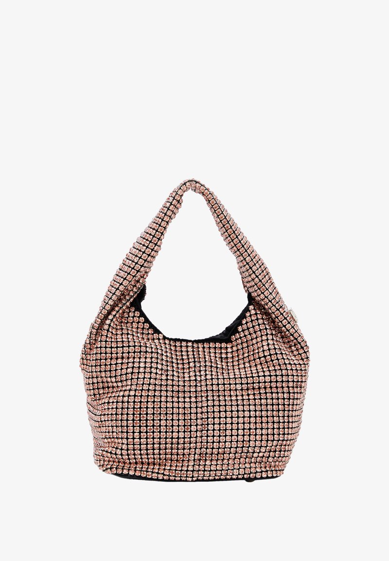 Sac noir de forme arrondie, recouvert de clous en métal rose doré. Dispose d'une seule poignée arrondie et d'un tissu doux et texturé.