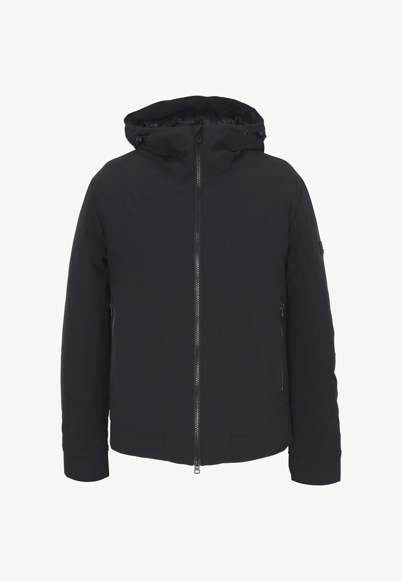 Giacca nera resistente all'acqua con chiusura a zip, cappuccio regolabile, due tasche laterali e un tessuto morbido e leggermente testurizzato.