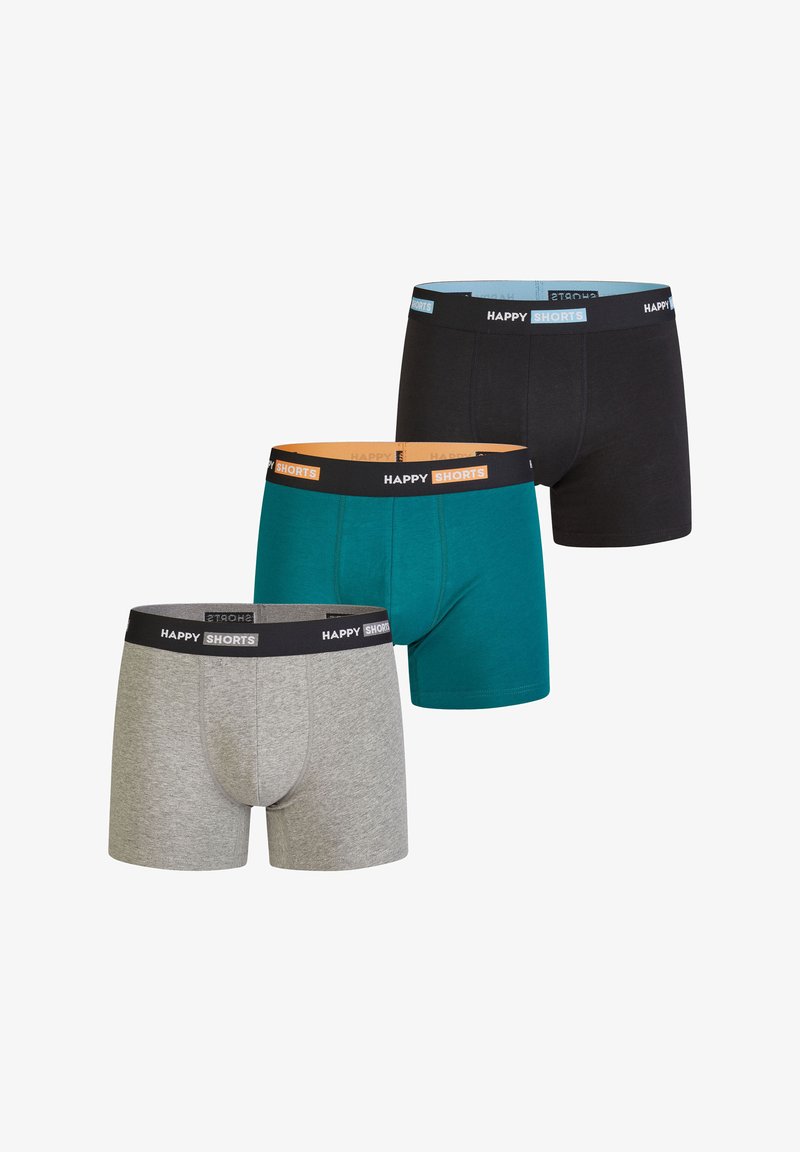 Three pairs of men's boxer shorts in grey, teal, and black. Each has a logoed waistband in black with orange and light blue accents.