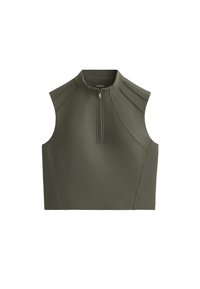 Bezrukávový crop top v olivově zelené, s vysokým límcem a předním zipem. Vyrobený z hladké, lehké tkaniny s jemnými švy.