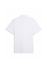 Άσπρο πόλο μπλουζάκι με κλασικό σχέδιο, κοντά μανίκια και γιακά. Κατασκευασμένο από λείο ύφασμα, χωρίς μοτίβα ή διακριτικές διακοσμήσεις.