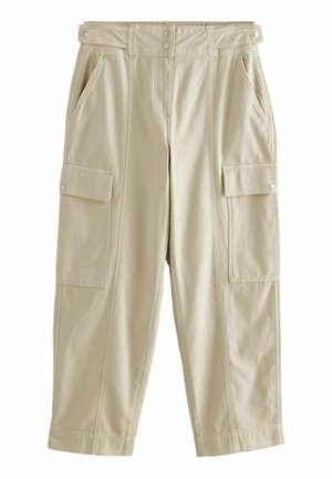 Beige cargo pants made of cotton blend; features two side pockets, two snap-buttoned cargo pockets, and subtle stitching detail.