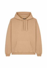 Felpa con cappuccio beige con tasca a marsupio, polsini e orlo a costine, realizzata in tessuto morbido con un design minimalista.