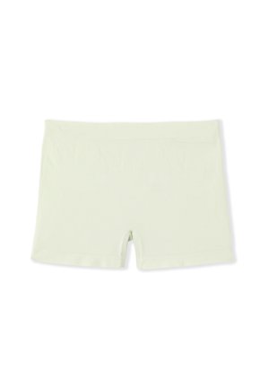 Lichtgroene naadloze damesboxershorts met een brede tailleband en korte pijplengte op een witte achtergrond.
