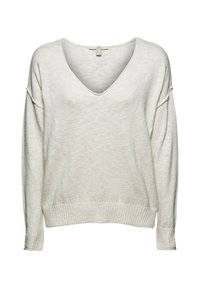 Kremowy, oversize'owy sweter z głębokim dekoltem w kształcie litery V, długimi rękawami oraz prążkowanymi mankietami i dolnym wykończeniem, wykonany z teksturowanej dzianiny.