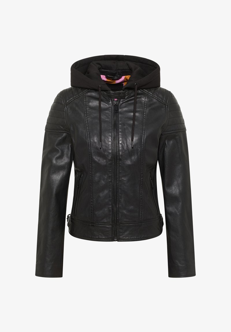 Black leather jacket with a zip front, structured shoulders, and a black hoodie attached. Features side pockets and smooth texture.