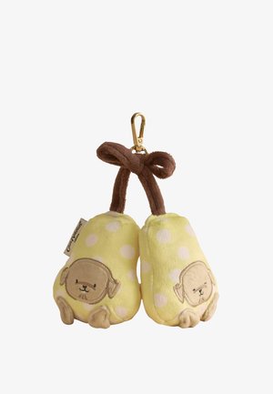 Puha sárga pöttyös plüsskörte, hímzett kutyás arccal, barna plüss hurokkal összekötve, arany színű fém csipesszel akasztáshoz.