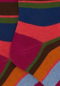Calze a strisce multicolori con strisce rosa, blu, verdi, marroni e arancioni; morbido tessuto a maglia con punta e tallone rinforzati.