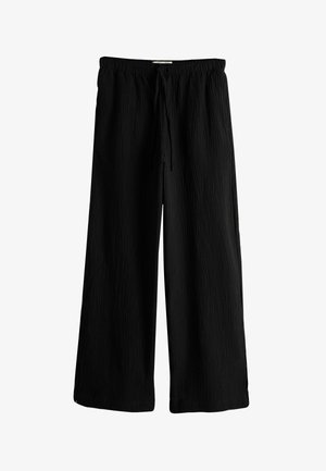 Pantaloni negri cu picior larg, cu talie elastică și șnur de ajustare, realizați dintr-un material texturat.
