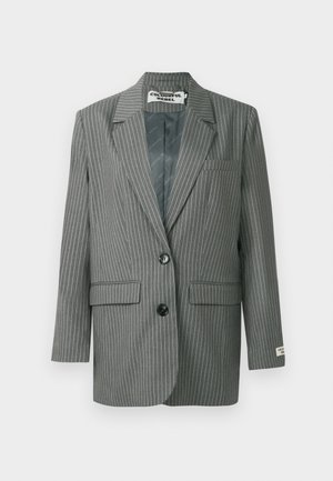 Gray pinstripe blazer with a single button closure, notched lapels, two front pockets, and a chest pocket. Textured fabric with a smooth lining.