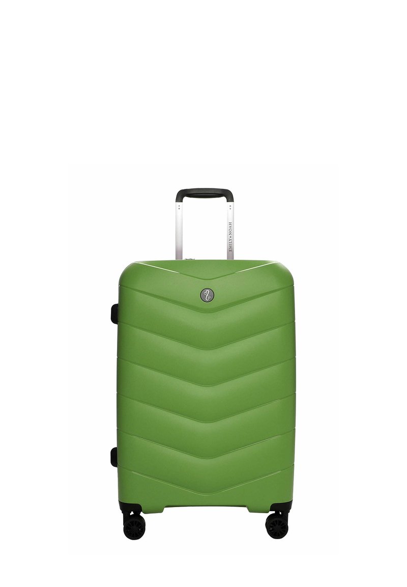 Valigia rigida verde con texture a zigzag, manico telescopico argento e quattro ruote girevoli nere. Design compatto e leggero.