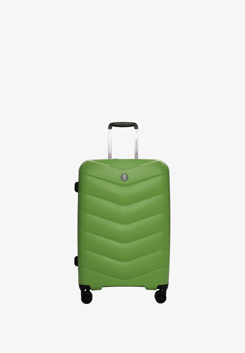 Green hard-shell suitcase with chevron texture, silver telescoping handle, and four black spinner wheels. Compact and lightweight design.