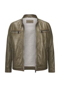 Olivgrüne Lederjacke mit Stehkragen, zwei Reißverschlusstaschen und glatter Textur. Frontreißverschluss und minimalistisches Design.