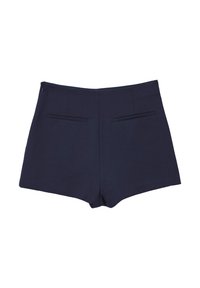 Shorts ajustés bleu marine avec fermeture éclair devant et deux poches fendues horizontales, coupe plate, sur un fond blanc.