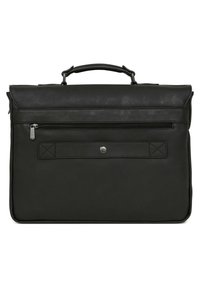 Czarna skórzana torba na laptopa z miękkim uchwytem, przednią kieszenią na zamek błyskawiczny i zapięciem na zatrzask. Gładka tekstura i prostokątny kształt.