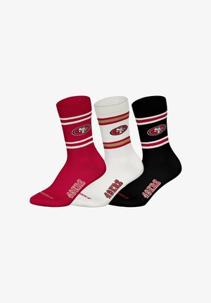 Set of three crew socks: red, white, and black. Each features stripes and "49ERS" logo in contrasting colors. Ribbed texture.