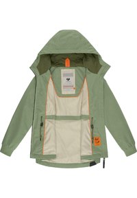 Light green jacket with a hood, zippered front, orange accents, and beige lining. Features two side pockets and a branded label inside.