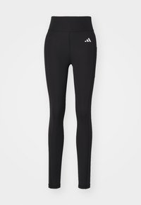 Czarne legginsy sportowe z wysokim stanem, wykonane z gładkiego materiału, z małym białym logo na lewym biodrze oraz bocznymi kieszeniami.