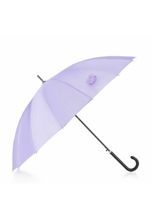 Purple umbrella with a semi-transparent canopy, black curved handle, and metal frame. Features eight ribs and a small hanging loop.