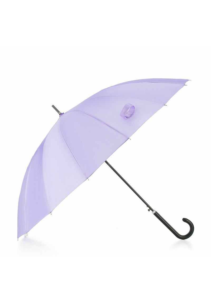 Purple umbrella with a semi-transparent canopy, black curved handle, and metal frame. Features eight ribs and a small hanging loop.
