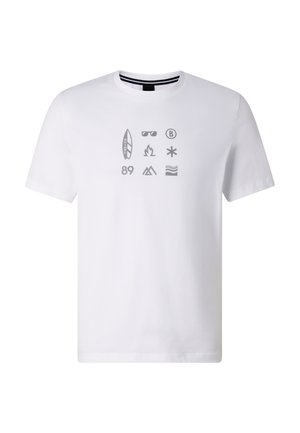 Biały t-shirt z krótkim rękawem z szarymi ikonami, w tym deską surfingową, okularami przeciwsłonecznymi, literą B, płomieniem, gwiazdką, numerem 89, namiotem i falistymi liniami, umieszczonymi na środku klatki piersiowej.
