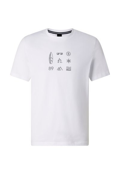 T-shirt blanc à manches courtes avec des icônes grises comprenant une planche de surf, des lunettes de soleil, la lettre B, une flamme, une étoile, le numéro 89, une tente et des lignes ondulées centrées sur la poitrine.