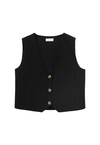 Vesta din in negru cu decolteu în V, capitonată cu cinci nasturi pe față și cu un design scurt. Prezintă un material texturat și detalii pe cusătura laterală.