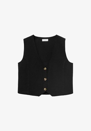 Schwarze Leinenweste mit V-Ausschnitt, fünfknöpfigem Vorderteil und cropped Design. Sie verfügt über einen strukturierten Stoff und Seitennahtdetails.