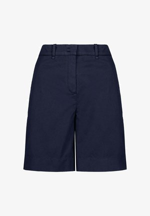 Pantaloncini blu navy fino al ginocchio con passanti per cintura, chiusura anteriore nascosta e design pulito e sartoriale.