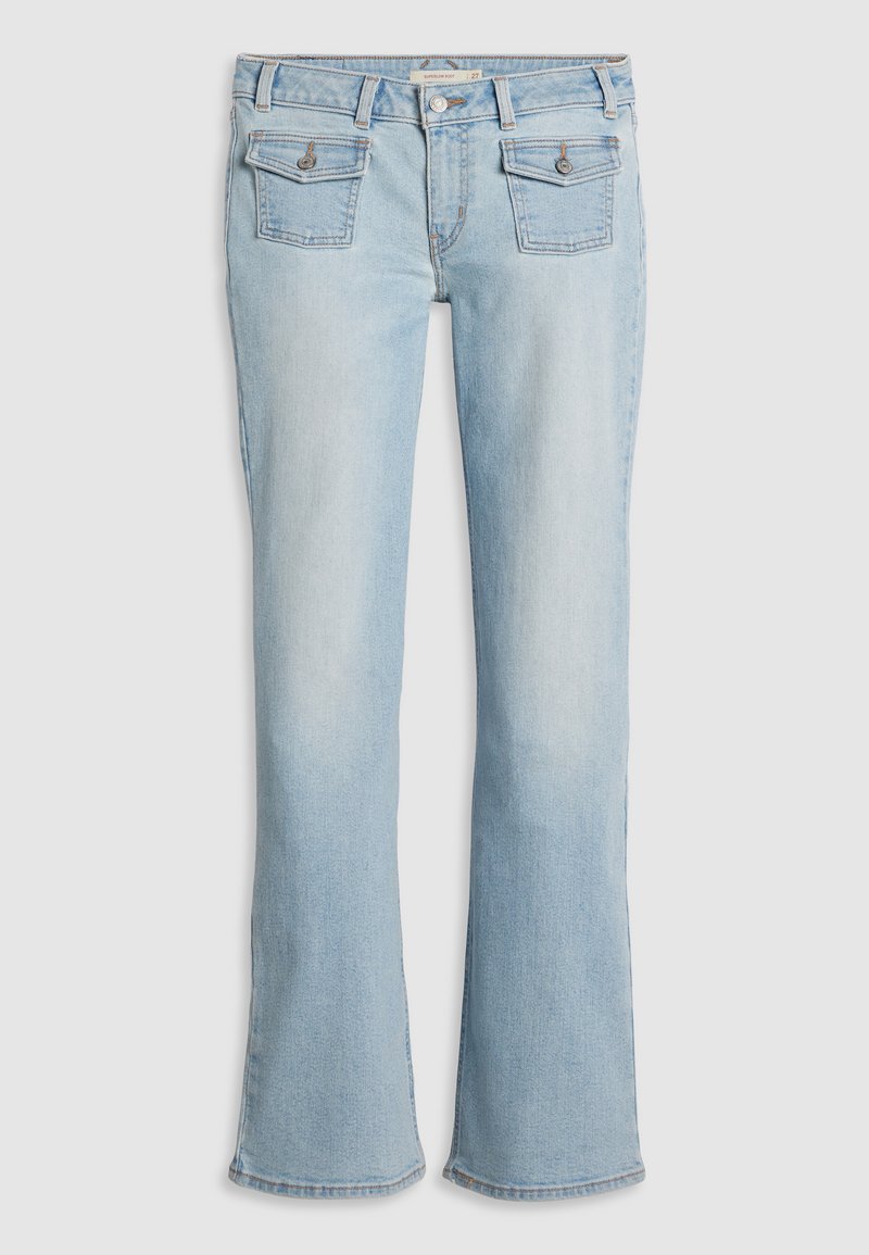 Jean en denim bleu clair évasé avec une taille mi-haute, deux poches avant et deux poches arrière. Présente des détails décolorés subtils et des coutures.