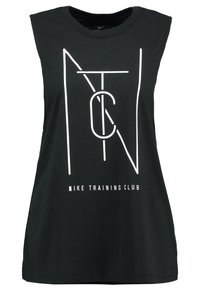 Camiseta negra sin mangas de Nike Training Club con líneas gráficas blancas y el texto "NIKE TRAINING CLUB" en el frente.