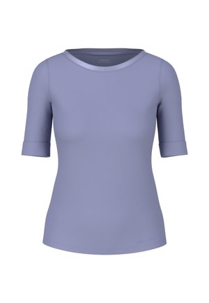 Lilac short-sleeve fitted women's top with rolled cuffs and round neckline, displayed on a white background.