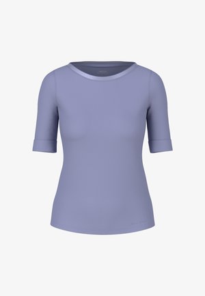 Lilac short-sleeve fitted women's top with rolled cuffs and round neckline, displayed on a white background.