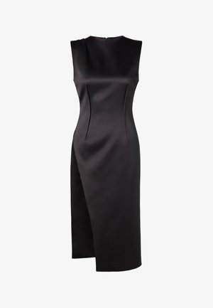 Zwarte mouwloze jurk van satijnen stof met een slim fit, met figuurnaden, een asymmetrische onderrand en een verborgen ritssluiting aan de achterkant.