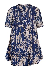 Tunique florale en bleu marine avec des motifs de feuilles beiges, manches courtes, décolleté en V, détails plissés et ourlet évasé. Fabriquée en tissu léger.