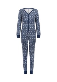 Une combinaison bleu marine en tissu doux, avec un motif géométrique blanc, des manches longues, un col en V avec des boutons et des poignets côtelés.