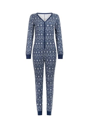 Une combinaison bleu marine en tissu doux, avec un motif géométrique blanc, des manches longues, un col en V avec des boutons et des poignets côtelés.